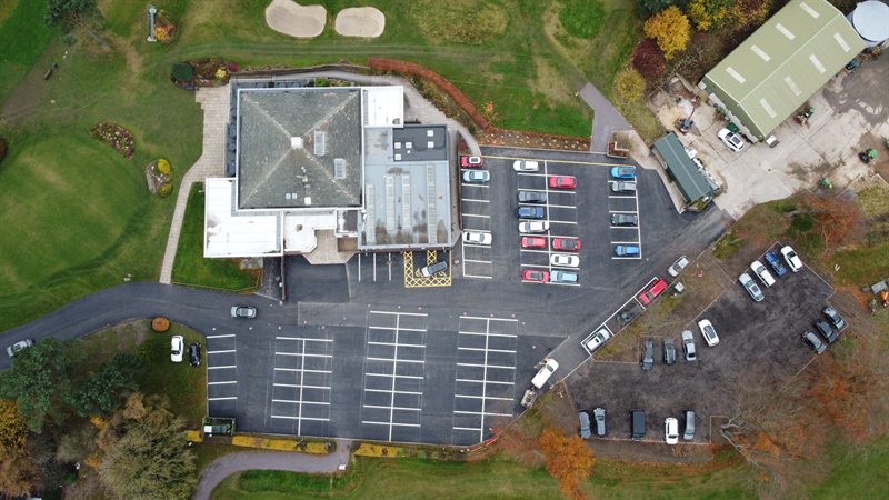 Aerial view of the completed Sand Moor Golf Club car park and clubhouse