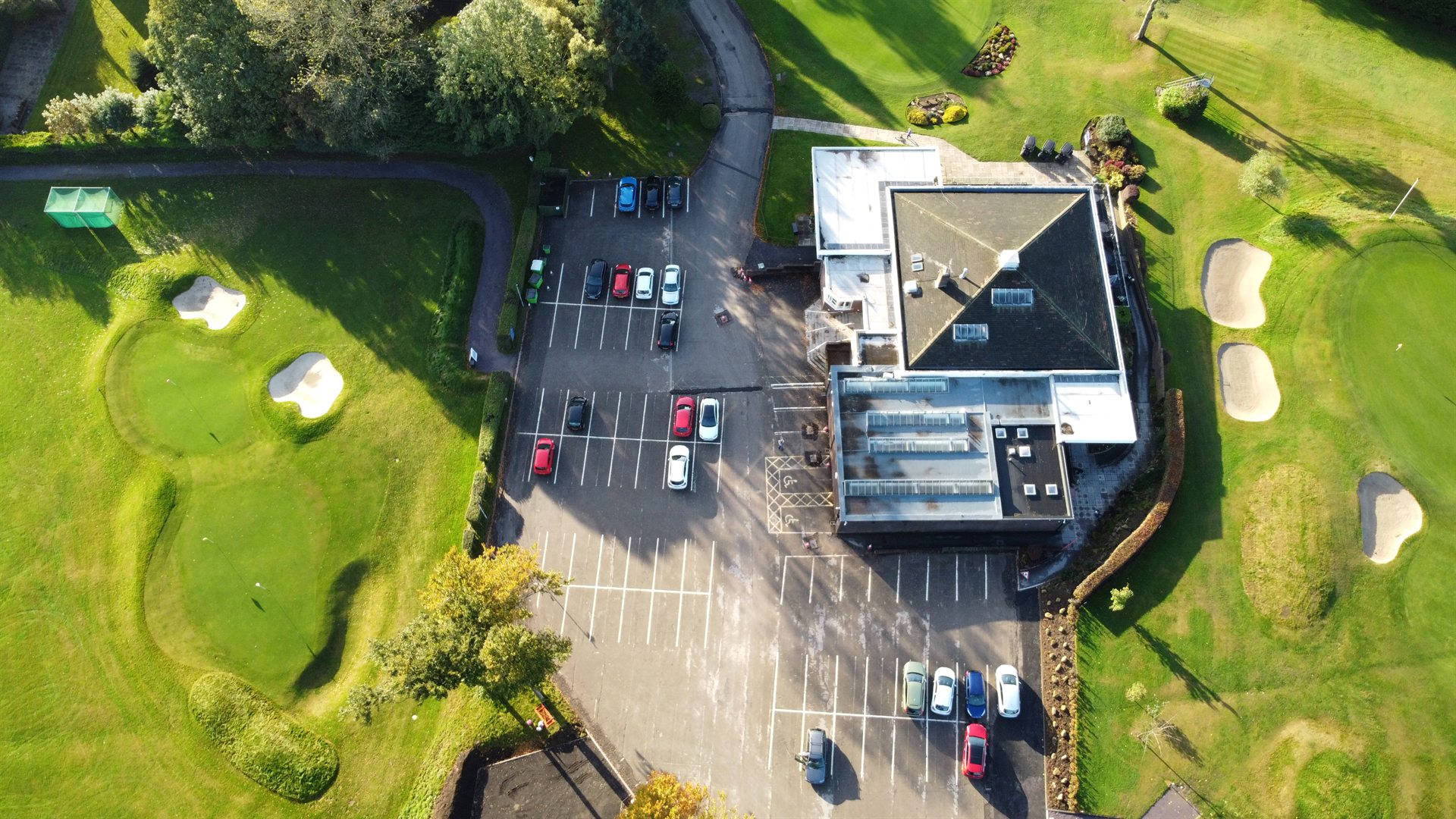 Aerial view showing the scale of the Sand Moor Golf Club car park