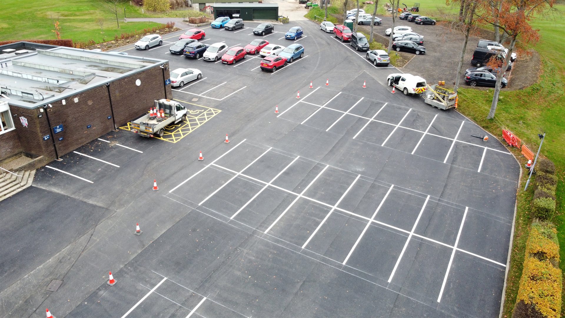 Aerial view of the completed Sand Moor Golf Club car park in Leeds
